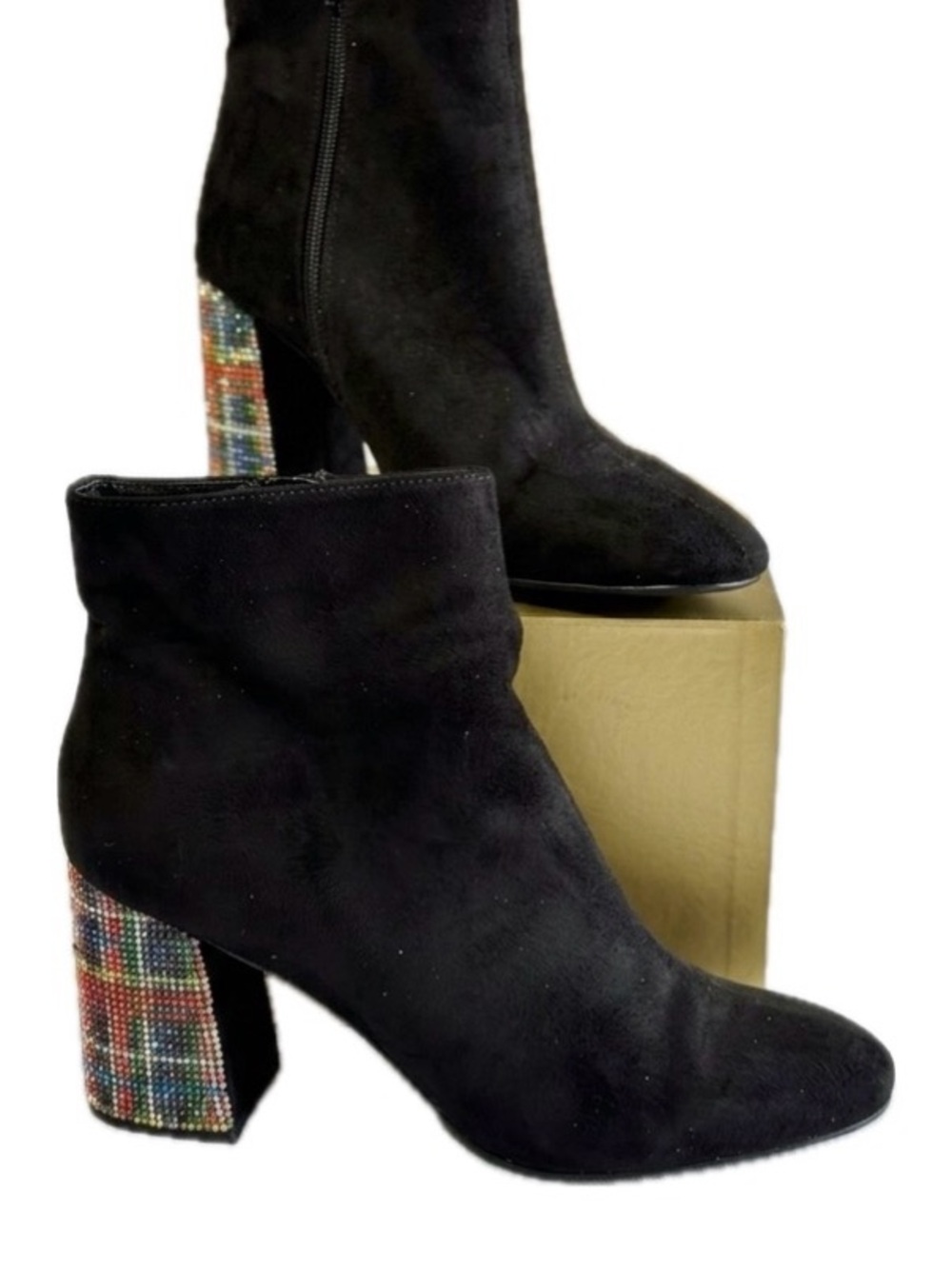Betsy Johnson Black Suede Ankle Boots with Multicolor Embellished Heel Size 10